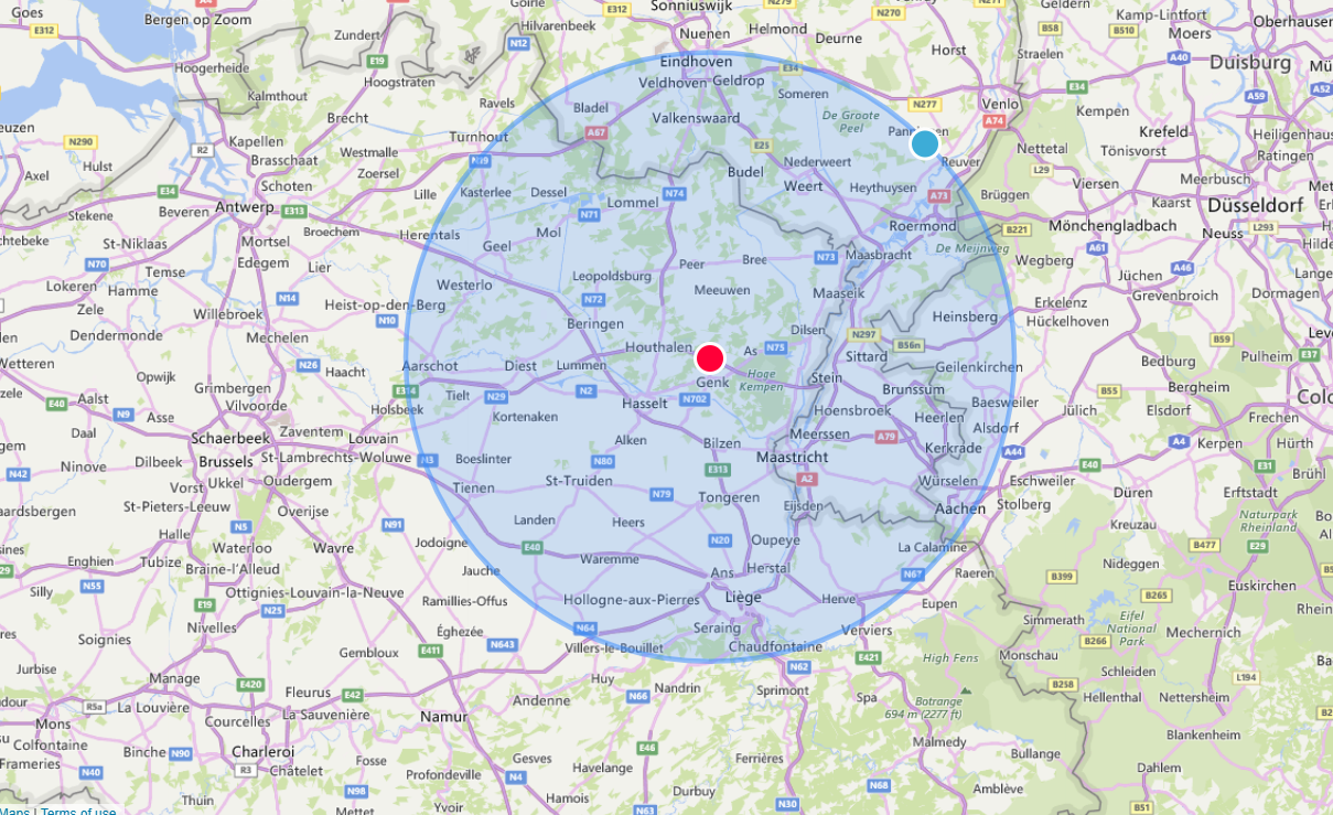 Servicegebied kaart - 50km rond Genk